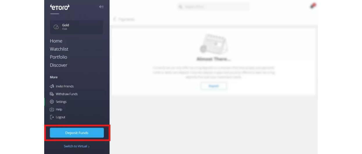 Deposit funds option on eToro
